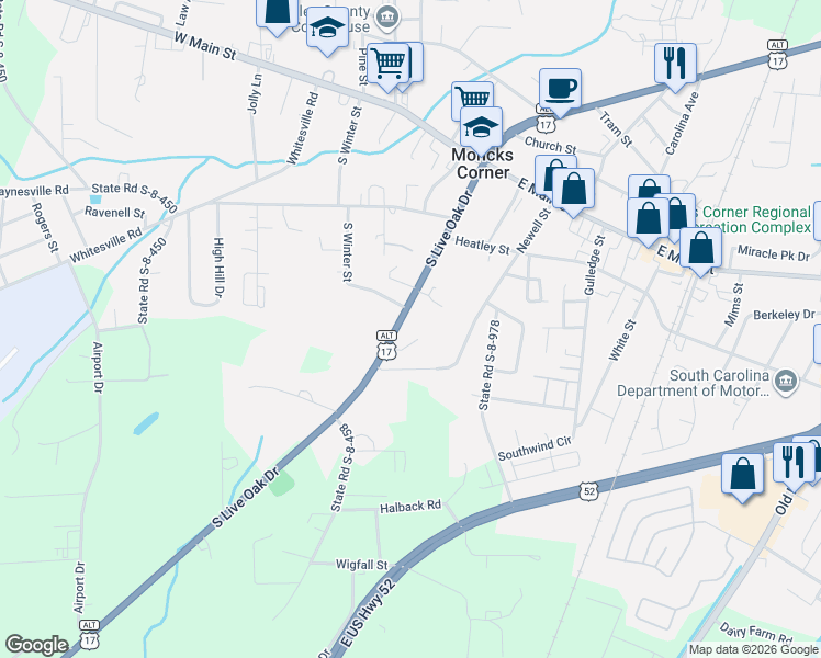 map of restaurants, bars, coffee shops, grocery stores, and more near 306 South Live Oak Drive in Moncks Corner