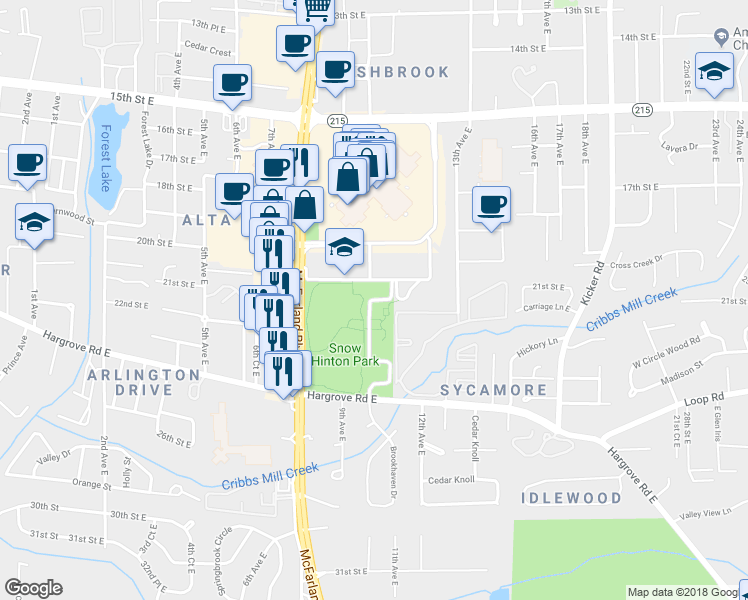 map of restaurants, bars, coffee shops, grocery stores, and more near 10th Avenue East in Tuscaloosa