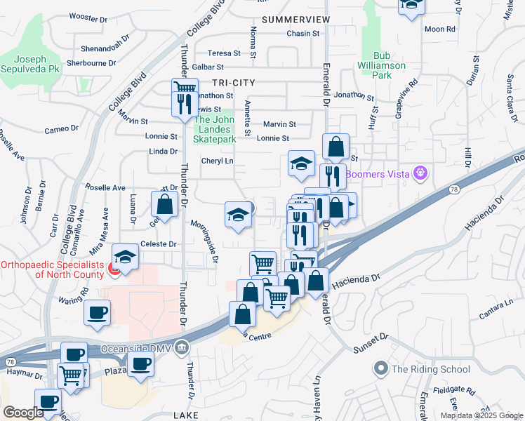 map of restaurants, bars, coffee shops, grocery stores, and more near 1969 West Drive in Vista