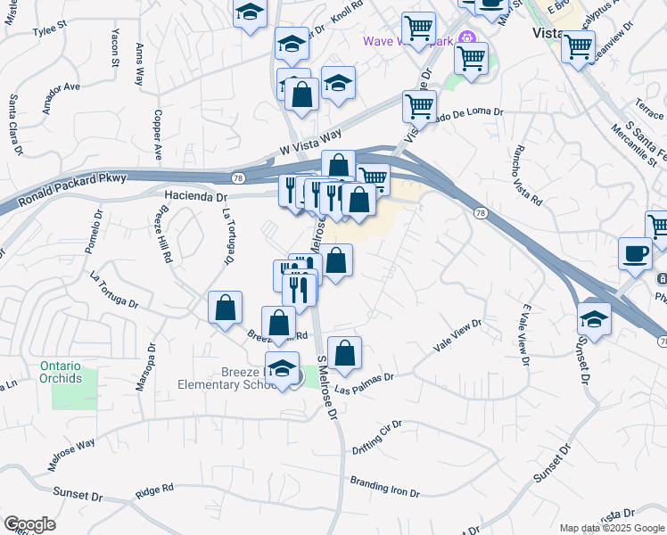 map of restaurants, bars, coffee shops, grocery stores, and more near 400 South Melrose Drive in Vista