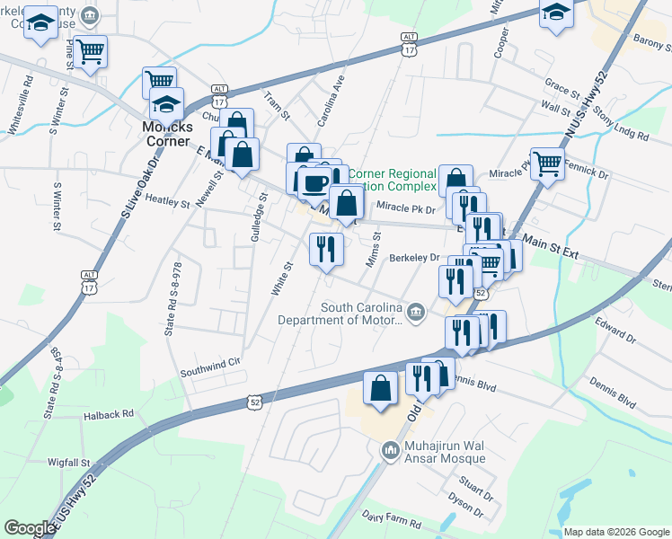 map of restaurants, bars, coffee shops, grocery stores, and more near 122 State Road S-8-225 in Moncks Corner