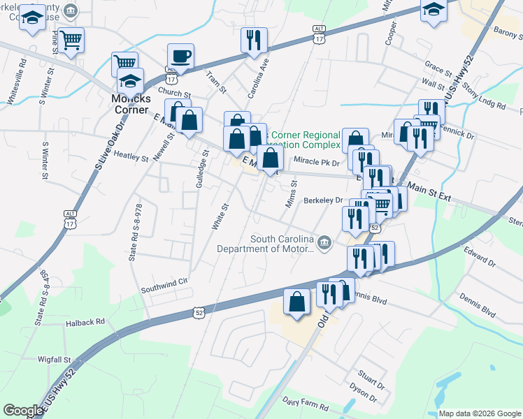 map of restaurants, bars, coffee shops, grocery stores, and more near 122 State Road S-8-225 in Moncks Corner