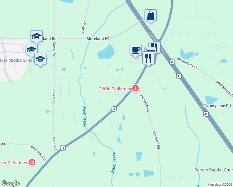 map of restaurants, bars, coffee shops, grocery stores, and more near 217 Timber Wolf Trail in Griffin
