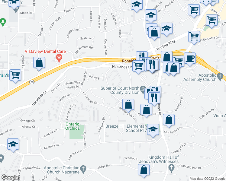 map of restaurants, bars, coffee shops, grocery stores, and more near 897 Soft Wind Road in Vista