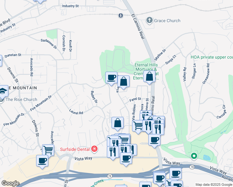 map of restaurants, bars, coffee shops, grocery stores, and more near 2104 Costa Vista Way in Oceanside