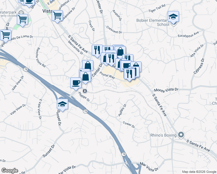 map of restaurants, bars, coffee shops, grocery stores, and more near 390 Pala Vista Drive in Vista