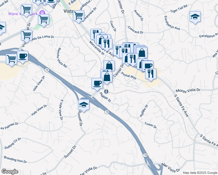 map of restaurants, bars, coffee shops, grocery stores, and more near 988 Civic Center Drive in Vista