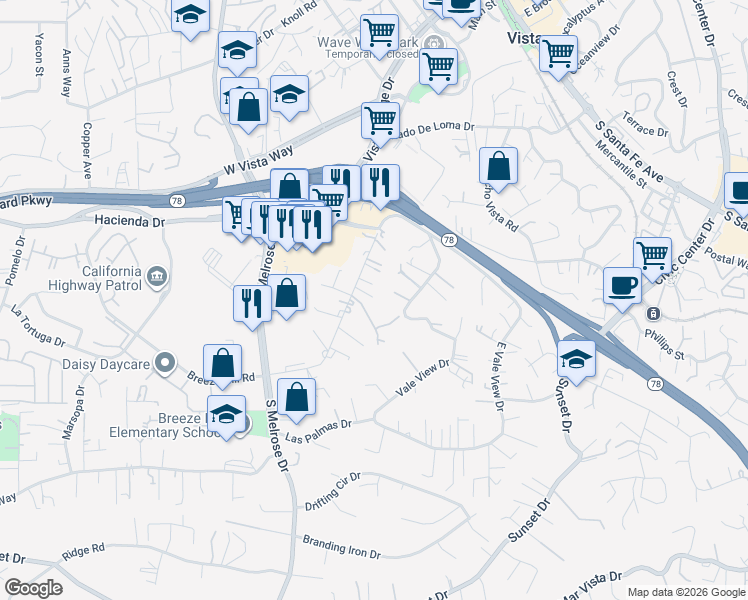 map of restaurants, bars, coffee shops, grocery stores, and more near 652 Matagual Drive in Vista
