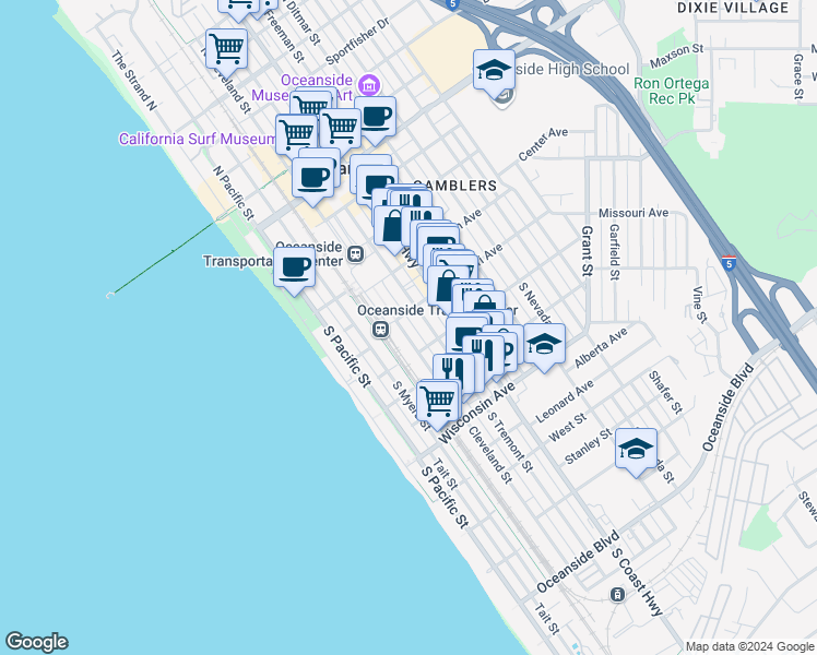 map of restaurants, bars, coffee shops, grocery stores, and more near 421 South Tremont Street in Oceanside