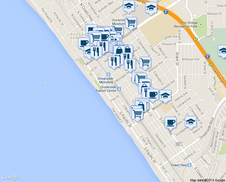 map of restaurants, bars, coffee shops, grocery stores, and more near 303 South Myers Street in Oceanside