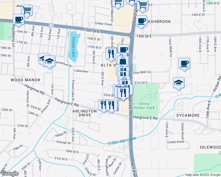 map of restaurants, bars, coffee shops, grocery stores, and more near 632 23rd Street East in Tuscaloosa