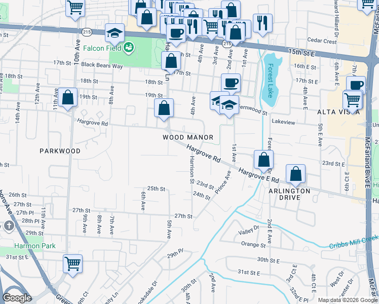 map of restaurants, bars, coffee shops, grocery stores, and more near 401 Hargrove Road in Tuscaloosa