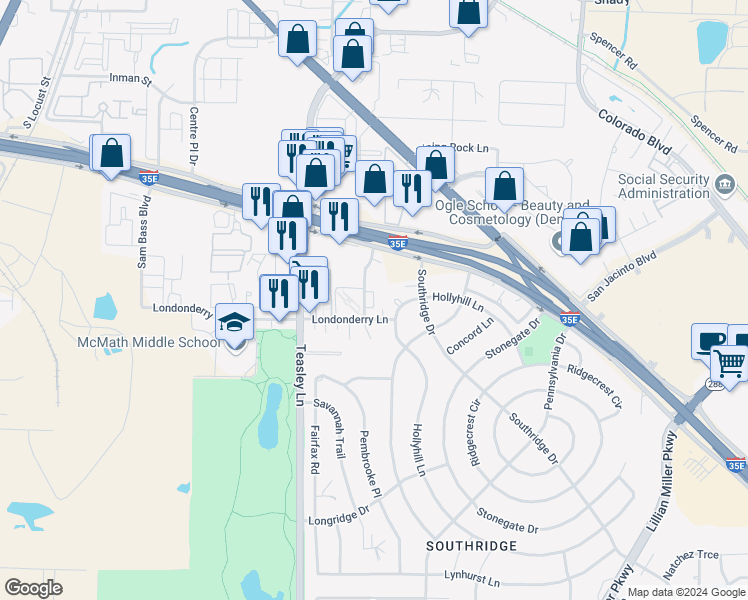 map of restaurants, bars, coffee shops, grocery stores, and more near 1800 Westminster Street in Denton