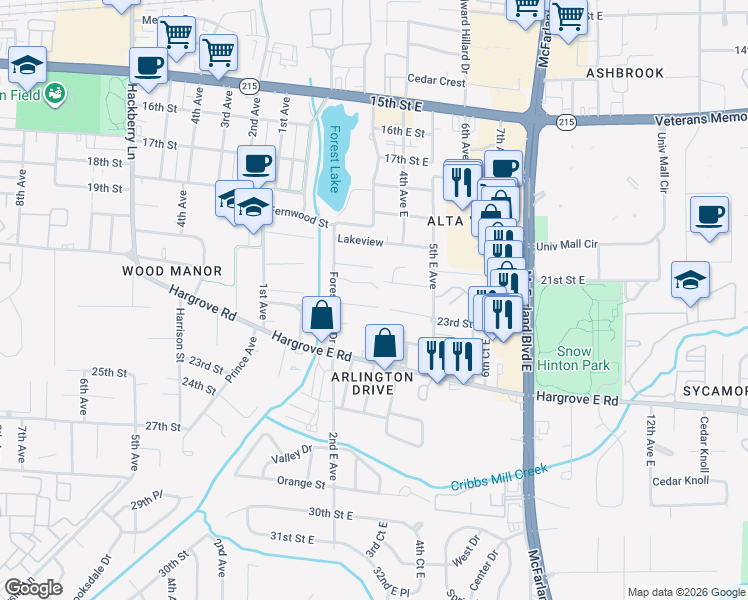 map of restaurants, bars, coffee shops, grocery stores, and more near 306 22nd Street East in Tuscaloosa