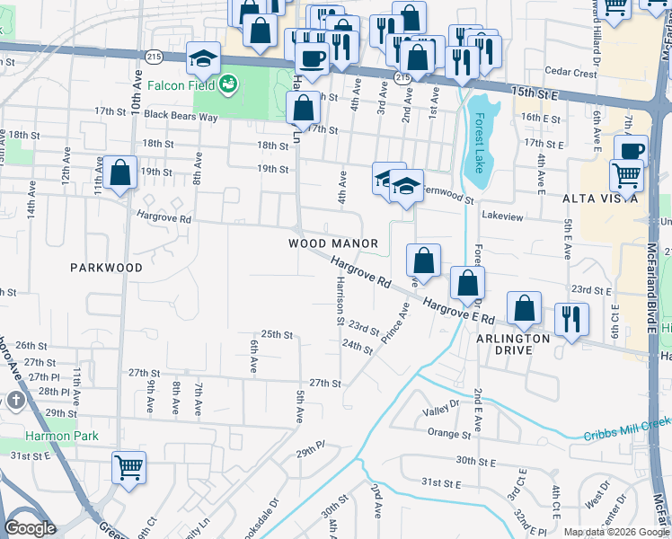 map of restaurants, bars, coffee shops, grocery stores, and more near 401 Hargrove Road in Tuscaloosa