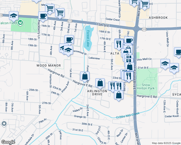 map of restaurants, bars, coffee shops, grocery stores, and more near 212 22nd Street East in Tuscaloosa