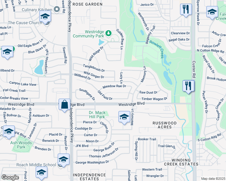 map of restaurants, bars, coffee shops, grocery stores, and more near 9808 Hedge Bell Drive in McKinney