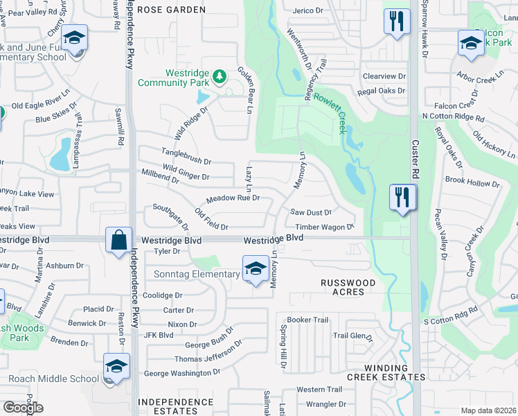 map of restaurants, bars, coffee shops, grocery stores, and more near 9708 Hedge Bell Drive in McKinney