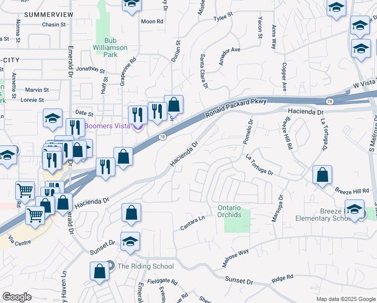 map of restaurants, bars, coffee shops, grocery stores, and more near Hacienda Drive in Oceanside