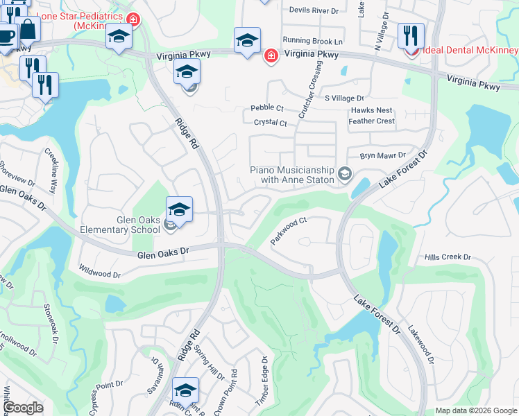 map of restaurants, bars, coffee shops, grocery stores, and more near 905 Bridge Point Circle in McKinney