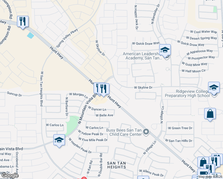 map of restaurants, bars, coffee shops, grocery stores, and more near 34300 North Woodland Drive in San Tan Valley