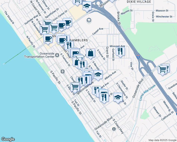 map of restaurants, bars, coffee shops, grocery stores, and more near 524 South Freeman Street in Oceanside