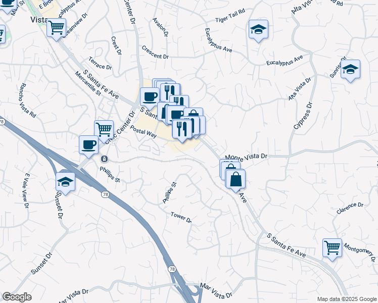map of restaurants, bars, coffee shops, grocery stores, and more near 993 Postal Way in Vista