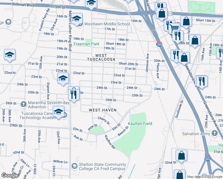 map of restaurants, bars, coffee shops, grocery stores, and more near 2801 24th Street in Tuscaloosa