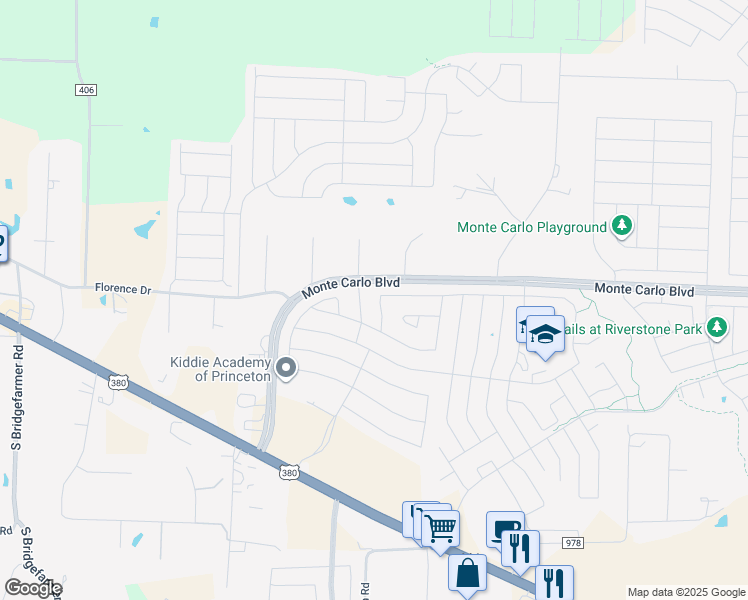 map of restaurants, bars, coffee shops, grocery stores, and more near 1400 Bent Grass Drive in Princeton