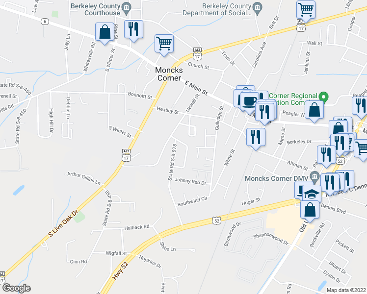 map of restaurants, bars, coffee shops, grocery stores, and more near 190 Monitor Circle in Moncks Corner