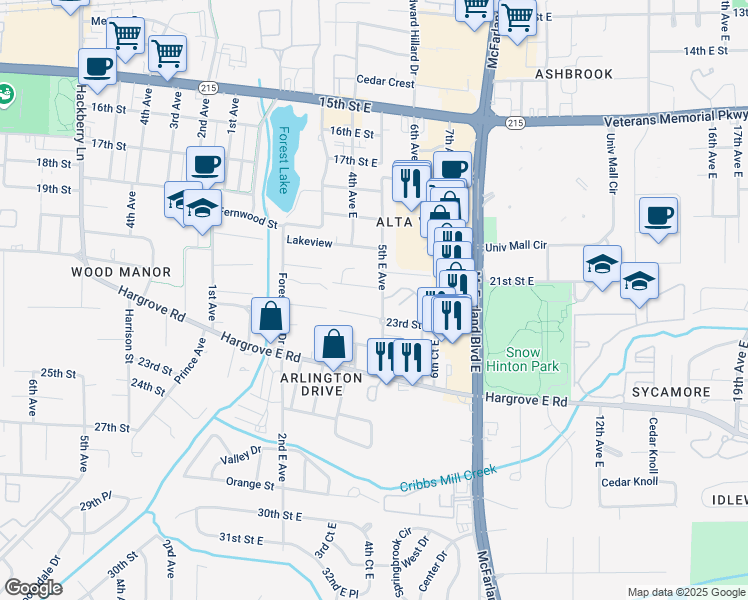 map of restaurants, bars, coffee shops, grocery stores, and more near 2300 5th Avenue East in Tuscaloosa