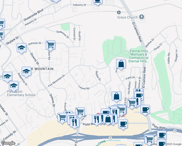 map of restaurants, bars, coffee shops, grocery stores, and more near 2585 Fire Mountain Drive in Oceanside