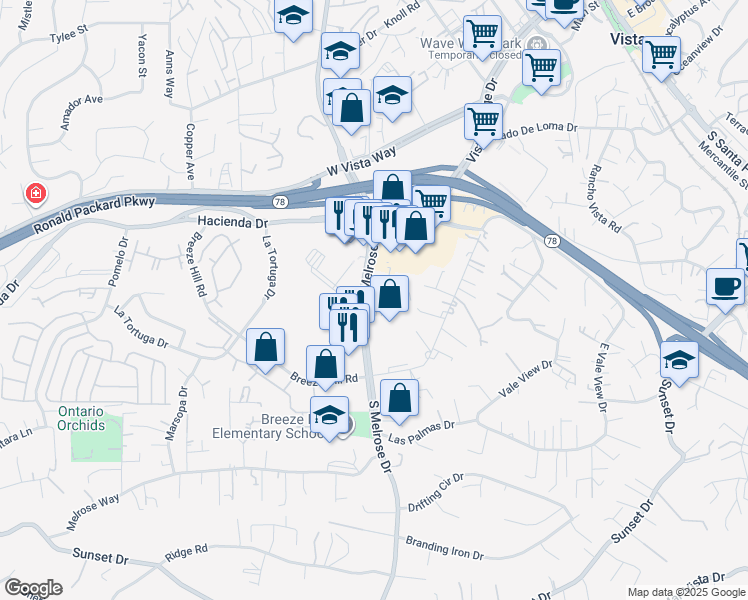 map of restaurants, bars, coffee shops, grocery stores, and more near 400 South Melrose Drive in Vista
