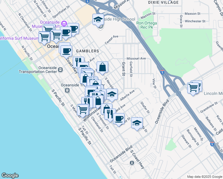 map of restaurants, bars, coffee shops, grocery stores, and more near 607 South Nevada Street in Oceanside