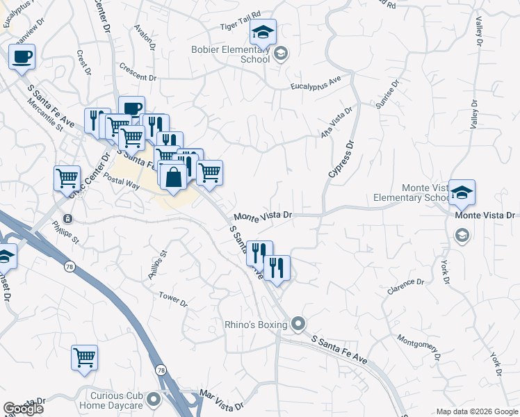 map of restaurants, bars, coffee shops, grocery stores, and more near 1112 Monte Vista Drive in Vista