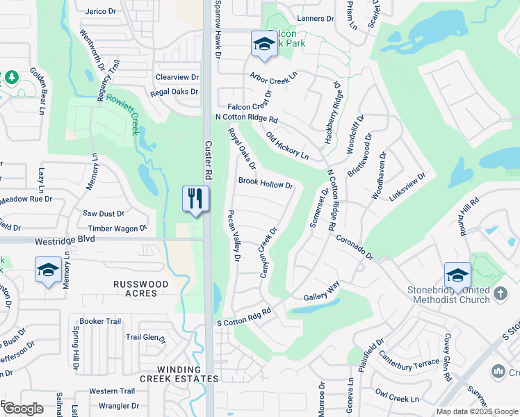 map of restaurants, bars, coffee shops, grocery stores, and more near 8612 Tanglewood Drive in McKinney