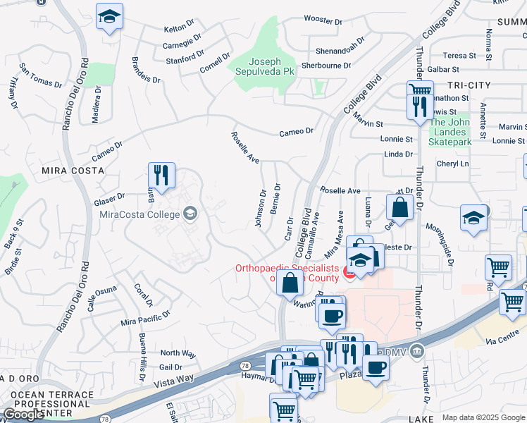 map of restaurants, bars, coffee shops, grocery stores, and more near 4028 Johnson Drive in Oceanside