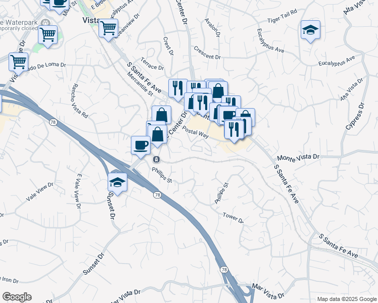 map of restaurants, bars, coffee shops, grocery stores, and more near 390 Pala Vista Drive in Vista