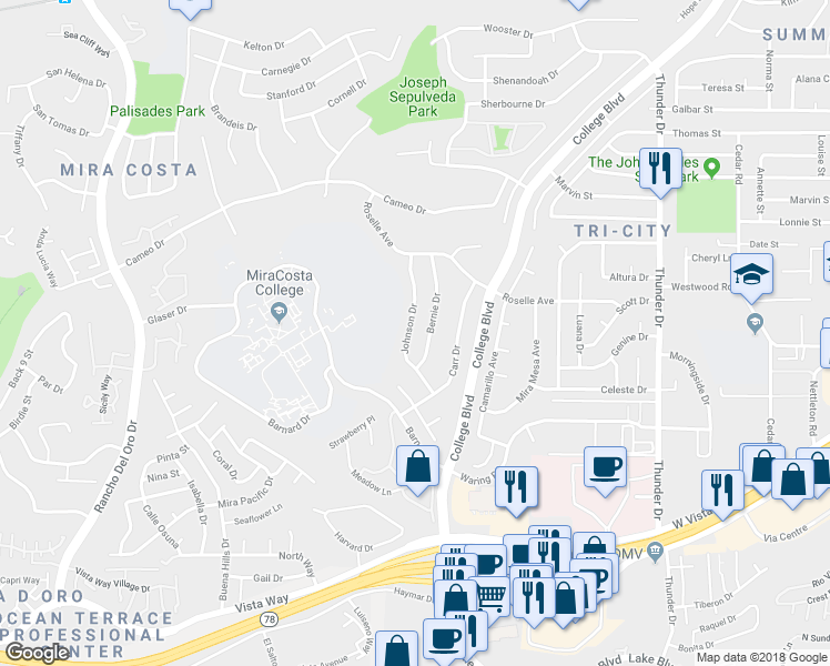 map of restaurants, bars, coffee shops, grocery stores, and more near 4028 Johnson Drive in Oceanside