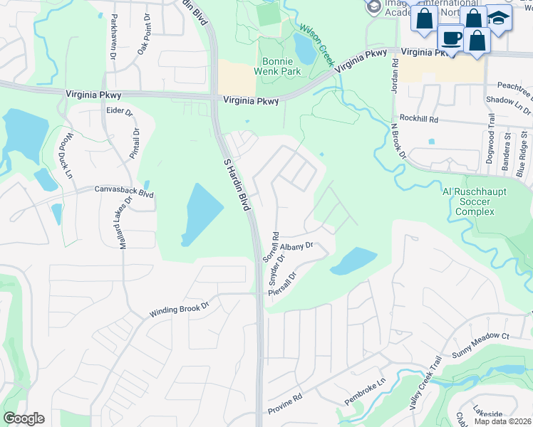 map of restaurants, bars, coffee shops, grocery stores, and more near 620 Denton Creek Drive in McKinney