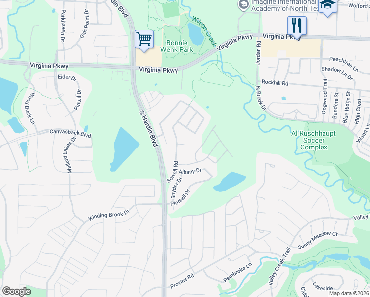 map of restaurants, bars, coffee shops, grocery stores, and more near 2901 South Hardin Boulevard in McKinney