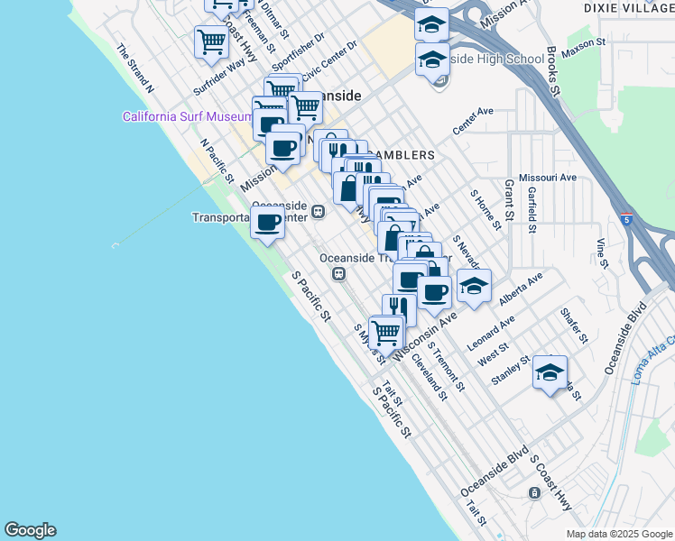 map of restaurants, bars, coffee shops, grocery stores, and more near 309 Missouri Avenue in Oceanside