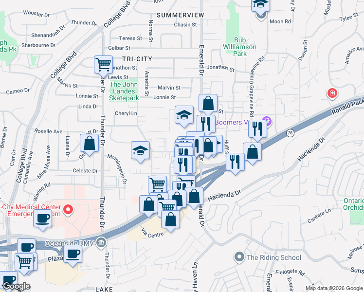 map of restaurants, bars, coffee shops, grocery stores, and more near 1845 West Drive in Vista
