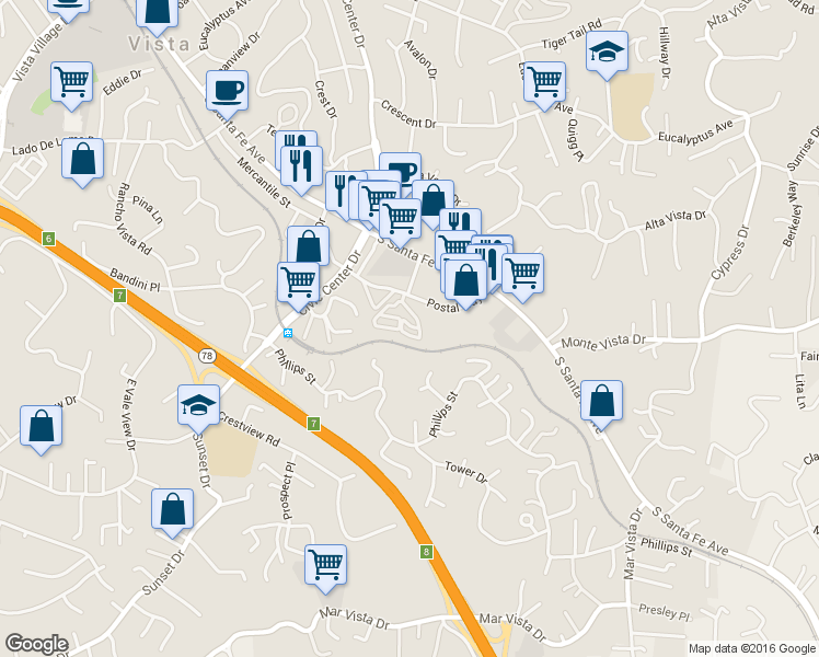 map of restaurants, bars, coffee shops, grocery stores, and more near 959 Postal Way in Vista