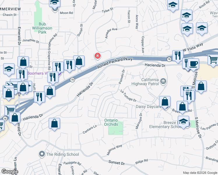 map of restaurants, bars, coffee shops, grocery stores, and more near 614 Paseo Rio in Vista