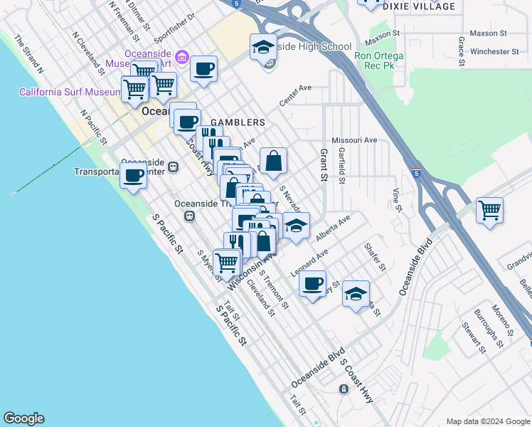 map of restaurants, bars, coffee shops, grocery stores, and more near 524 South Freeman Street in Oceanside