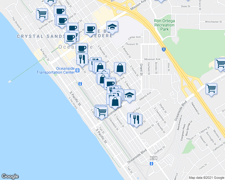 map of restaurants, bars, coffee shops, grocery stores, and more near 524 South Freeman Street in Oceanside
