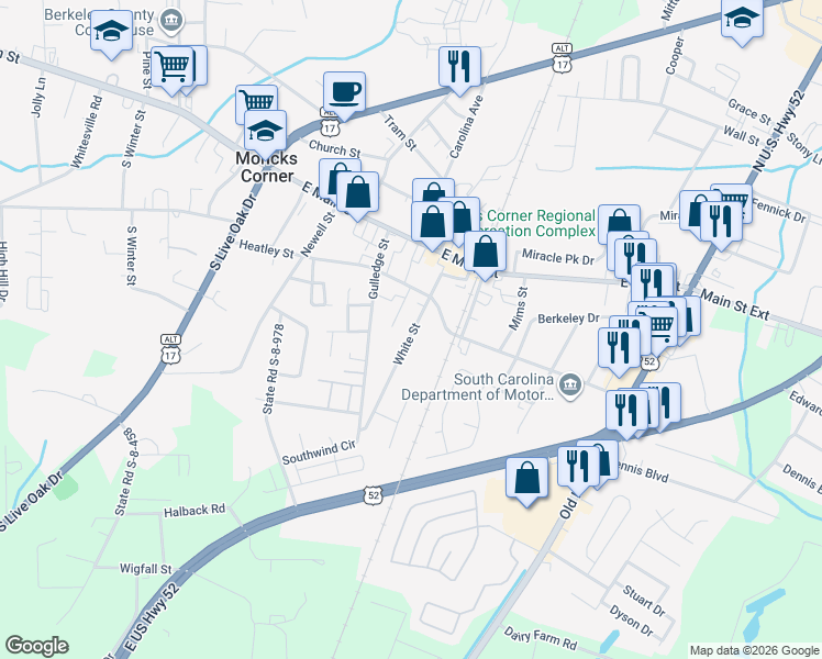 map of restaurants, bars, coffee shops, grocery stores, and more near 211 White Street in Moncks Corner