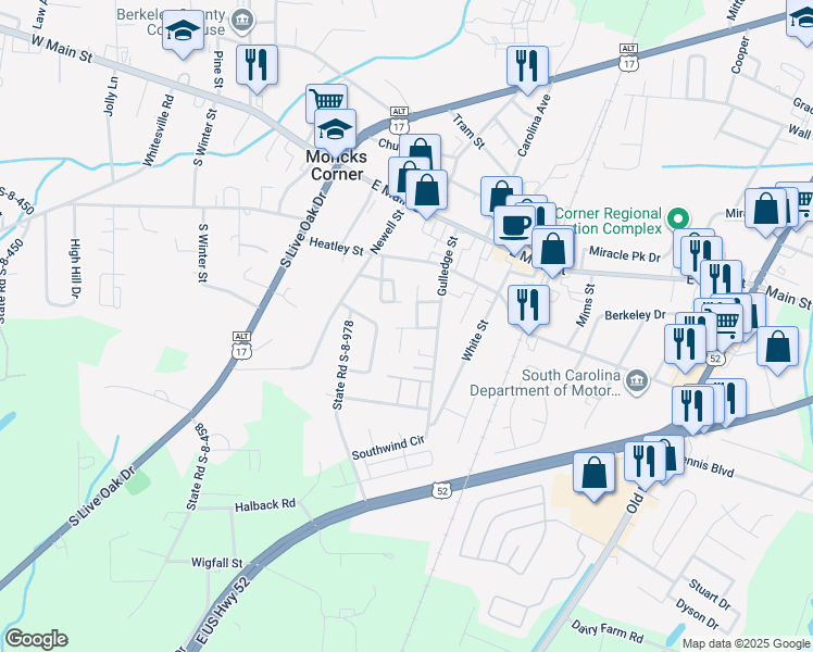 map of restaurants, bars, coffee shops, grocery stores, and more near 307 Julia Caroline Avenue in Moncks Corner