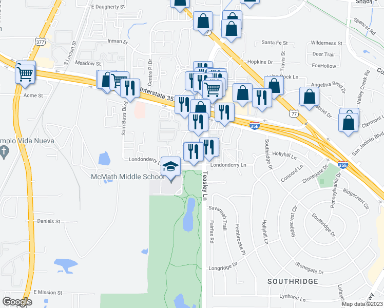 map of restaurants, bars, coffee shops, grocery stores, and more near 1820 Teasley Lane in Denton